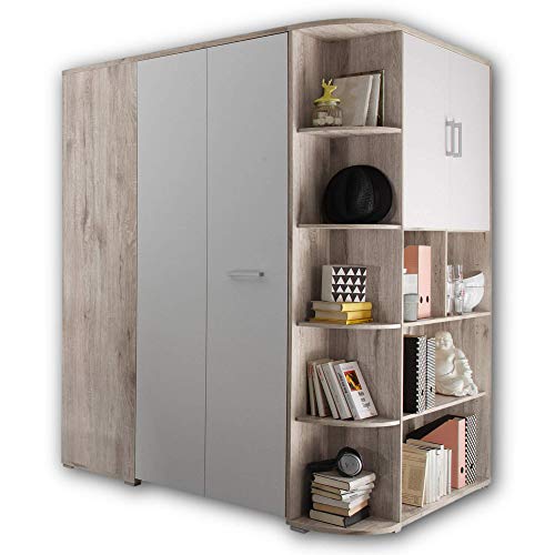 Stella Trading CORNER Begehbarer Eckkleiderschrank für Kinder- & Jugendzimmer - Großer Kleiderschrank mit viel Stauraum in Sandeiche Optik, weiß - 146 x 198 x 133 cm (B/H/T)