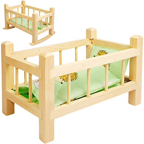 alles-meine.de GmbH 2 in 1: Puppenbett & Puppenwiege - aus Holz - UMBAUBAR - mit Bettzeug - Jungen Farben - 34 cm lang - Bett aus Naturholz - für Puppen - Decke & Kopfkissen ..