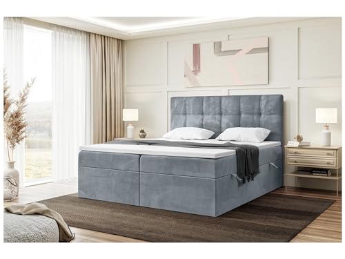 MEBLINI Boxspringbett mit Bettkasten - Gepolstert Doppelbett mit Matratze und Topper - Polsterbett mit Stauraum - Bett mit Kopfteil - Stauraumbett - Kai - 160x220 - H3/Grau Samt