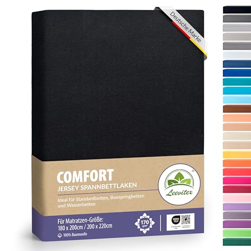leevitex® Premium Spannbettlaken 180x200–200x220 cm | 40 cm Steghöhe – für Standard-, Boxspring- & Wasserbetten | 100% Mako-Jersey-Baumwolle | ÖKO-TEX Zertifiziert | 170 g/m² | Schwarz