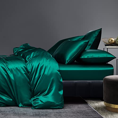 Boqingzhu Satin Bettwäsche 135x200cm Grün Dunkelgrün Uni Einfarbig Glatt Glänzend Luxus Seide Bettwäsche Set Bettbezug mit Reißverschluss und Kissenbezug 80x80cm