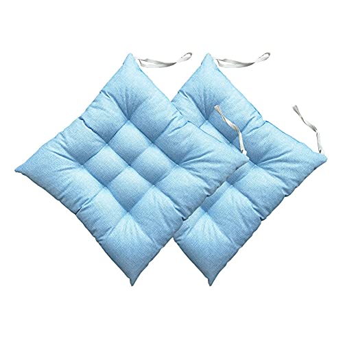 FANSU Stuhlkissen mit Bändern 2er Set, Sitzkissen Leinen Weiches Stuhl Auflage Atmungsaktiv Komfortable Tatami Sitzpolster für Indoor Zuhause Stuhl Balkon Garten (40x40x8cm,Hellblau)