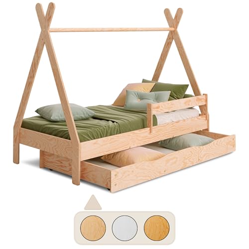 smartwood Tipi D Kinderbett 90x200 mit Lattenrost und Rausfallschutz - Montessori Hausbett mit Schublade für Jungen und Mädchen - Holzbett mit Rausfallschutz und Lattenrost - 200x90 - Naturholz