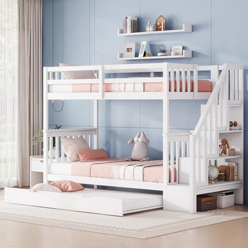 Rtopsu Etagenbett Kinderbett 90x200 cm für 2-3 Kinder, Hochbett mit Treppe und Ausziehbares Rollbett, Bett mit Rausfallschutz und Stauraum Lagerregal, Holzbett mit Lattenrost, Weiß, Ohne Matratze