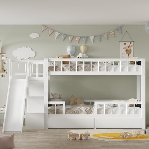 LATICO Kinderbett 90x200 Etagenbett für 2 Kinder, Hausbett Hochbett mit Rutsche und Treppen, 2 Schubladen & 3 Ablagefächer, Holzbett Bettgestell mit Rausfallschutz und Lattenrost, Ohne Matratze, Weiß