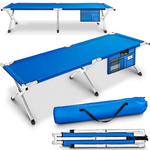 TRESKO XXL Campingbett Feldbett 210 x 72 x 45 cm Metallrohr - Belastbarkeit bis 150kg - in Verschiedenen Farben (Blau)