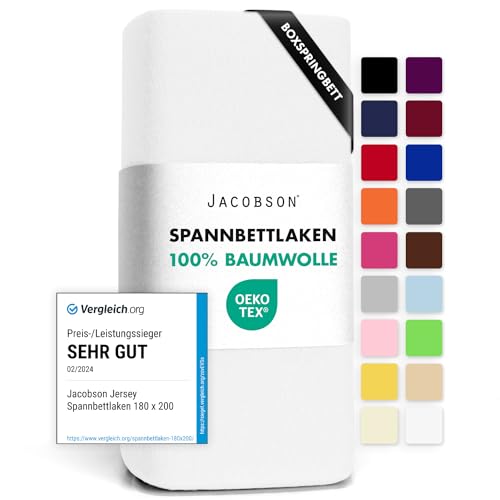 Jacobson Jersey Spannbettlaken Spannbetttuch Baumwolle Bettlaken (180x200-200x220 cm, Weiss)