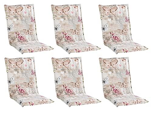 Gartenstuhlauflagen Mittellehner 6er Set - 110 x 50 cm - Beige - Baumwolle - Polyester - Schmetterlingsmotiv - Sesselauflage Sitzpolster Stuhlauflage