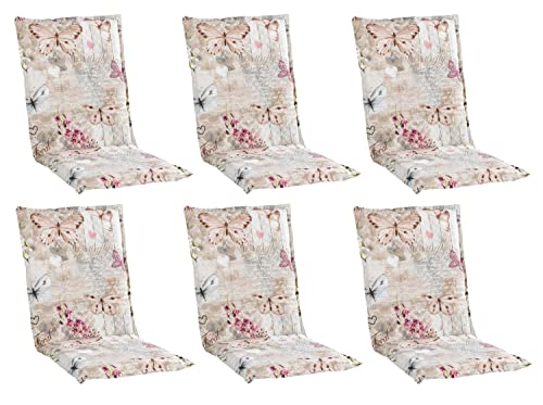 Home4You Gartenstuhlauflagen Mittellehner 6er Set - 110 x 50 cm - Beige - Baumwolle - Polyester - Schmetterlingsmotiv - Sesselauflage Sitzpolster Stuhlauflage