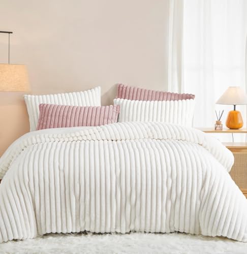 Lanqinglv Plüsch Bettwäsche 135x200 cm Weiß Flauschig Langhaar Kunstfell Streifen Winterbettwäsche Warm Kuschelig Flanell Fleece Cashmere Touch Bettbezug mit Reißverschluss und 1 Kissenbezug 80x80cm