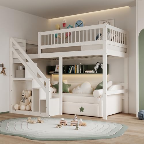 Kinderbett Etagenbett 90 x 200 cm, Hochbett mit Treppe und Aufbewahrungsschrank, Multifunktionsbett Einzelbett Stockbett Spielbett Kinderhochbett Jugendhochbett, Massivholz, Ohne Matratze, Weiß