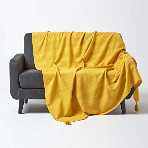 Homescapes Tagesdecke Rajput aus 100% Baumwolle, gelb, 150 x 200 cm – Sofaüberwurf Überwurfdecke Couchüberwurf in Ripp-Optik