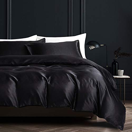 Boqingzhu Satin Bettwäsche 135x200cm Schwarz Uni Glatt Luxus Seide Glanzsatin Bettwäsche Set Bettbezug mit Reißverschluss und Kissenbezug 80x80cm