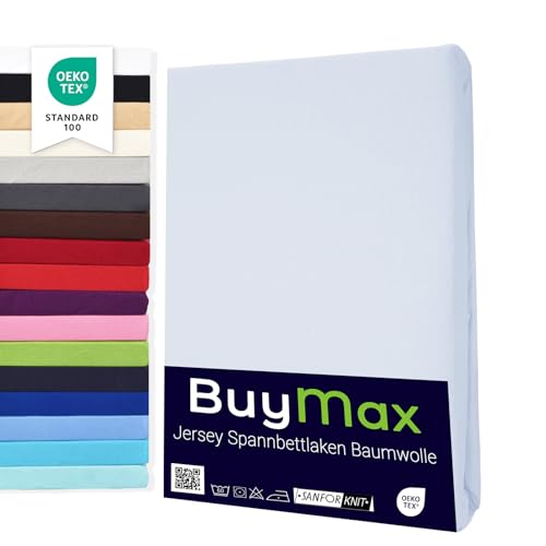 Buymax Spannbettlaken 90x200cm Baumwolle 100% Spannbetttuch Bettlaken Jersey, Matratzenhöhe bis 25 cm, Farbe Weiß