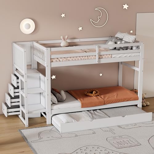 ZYLOYAL10 Etagenbett, DREI Schlafplätze, absenkbares Bett, Vier Schubladen, stabiles Holzbett, sichere Treppenstufen, minimalistisches Design, stabiles Geländer, weiß, 90x200cm