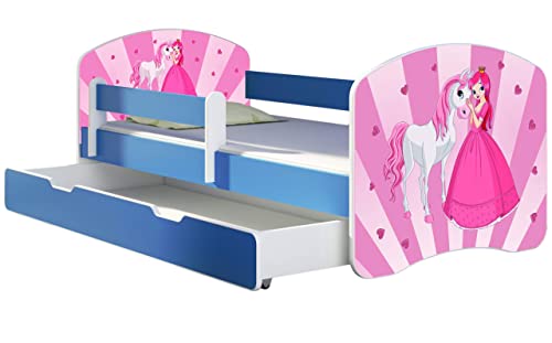 ACMA Kinderbett Jugendbett mit Einer Schublade und Matratze Blau mit Rausfallschutz Lattenrost II 140x70 160x80 180x80 (08 Princess, 140x70 + Bettkasten)