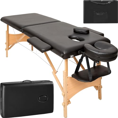 tectake Massageliege 2 Zonen, Massageliege klappbar, Massagetisch tragbar mit 5cm Polsterung, höhenverstellbare, Mobile Massageliege, Massagebank mit Holzfüßen und Zubehör Tragetasche - schwarz