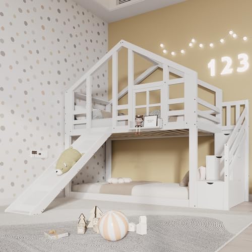 LATICO Kinderbett Etagenbett 90x200 cm für 2 Kinder, Hausbett Hochbett mit Rutsche & Treppe Staufach Stauraum, Holzbett Bettgestell mit Rausfallschutz und Lattenrost, Fenster, Ohne Matratze, Weiß