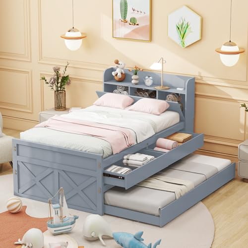 Azkoeesy Funktionsbett, Kinderbett, 90x190 cm, mit Ausziehbett, mit 2 Schublade, mit Lattenrost and Stauraum Kopfteil, mit USB-Anschluss (Grau)