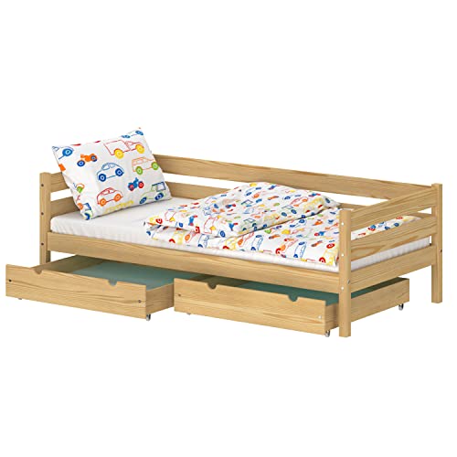 WNM Group Kinderbett für Mädchen und Jungen Kaira - Jugenbett aus Massivholz - Bett mit 2 Schubladen - Funktionsbett 190x80 cm - Natürliche Kiefer