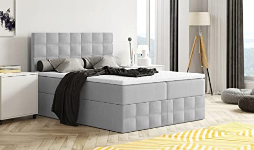 Moderne Boxspringbett MERA Premium Bett mit Bettkasten Ziernähten Bonell Matratze H3 Federkern Topper Polsterbett Doppelbett Schlafzimmer (160 x 200, Hellgrau - Aura 15)