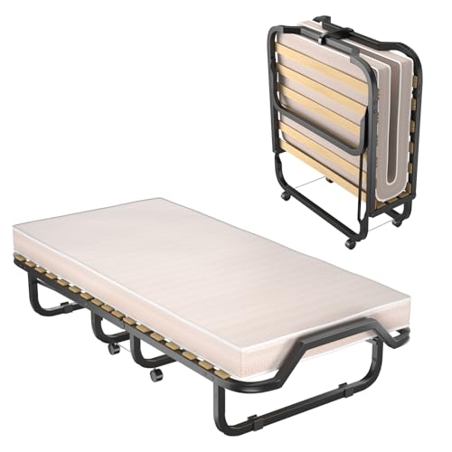 GOPLUS Gästebett 90×200 cm, Einzelbett klappbar mit Memoryschaummatratze, Stahlrahmen, 4 Universalrollen, Klappbett für Gästezimmer, Camping, Büro, Schlafzimmer & Wohnzimmer (Beige, 90×200 cm)