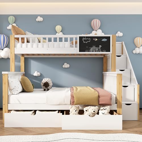 Etagenbett für 3 Kinder, Kinderbett mit 2 Unterbett Schubladen und 4 Speicherung Treppe, 90x200cm +140x200cm Funktionsbett Stockbett Hochbett Jugendhochbett mit Tafel und Rausfallschutz, Weiß+Helle