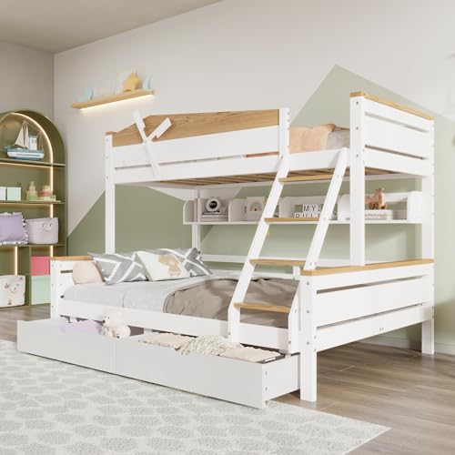 LATICO Kinderbett Etagenbett 90x200 & 140x200 cm, Hausbett Hochbett mit Regalen & Schubladen Stauraum, mit Windmühle, Holzbett Bettgestell mit Rausfallschutz und Lattenrost, Ohne Matratze, Weiß+Natur