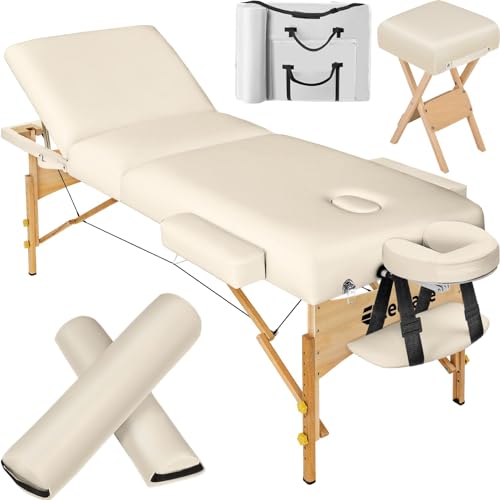 tectake® Massageliege klappbar, höhenverstellbar, Möbel und Zubehör für Massage, Tattoo oder Kosmetik, extra dick gepolstert, Zubehör 2 Lagerungsrollen, Hocker, Tasche, Aluminium Kopfstütze - beige