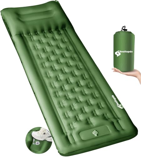 Realtopdo Camping Isomatte Selbstaufblasend 12CM Verdicktes Luftmatratze Camping mit Kissen und Fußpresse Pumpe, Wasserdicht Isomatte Aufblasbare Matratze für Strand Wandern Reisen, Armeegrün