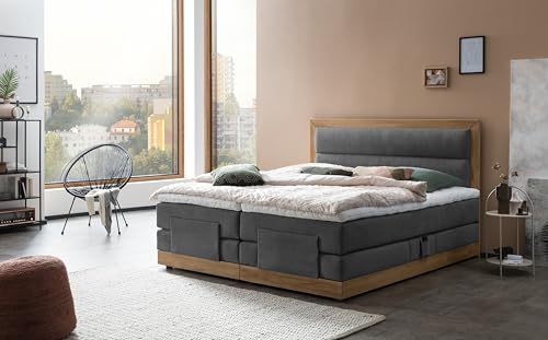 Belanoti MODELA Boxspringbett 180x200 elektrisch verstellbar 7-Zonen Taschenfederkern Matratze inkl Visco Topper Bett 180x200 mit Motor Farbe Anthrazit H2/H3 Polsterbett Motorbett Massivholz Eiche