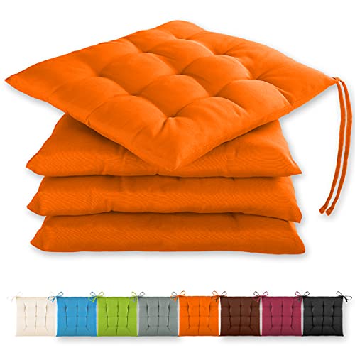 Gräfenstayn® 4er-Set Sitzkissen 40x40x3cm mit Haltebändern für Indoor und Outdoor mit Öko-Tex Siegel - (Orange)