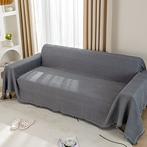 LHGOGO Sofa Überwurfdecke Waffel Kuscheldecke Sofadecke Große 3 Sitzer Vielseitige Couch Überwurf für Sofa mit Quasten, 180x300cm Grau