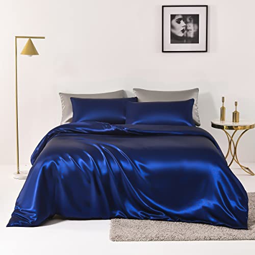 Chanyuan Bettwäsche Set Satin Blau Mikrofaser Seide Bettbezug mit Reißverschluss (135x200cm + 1 x Kissenbezug 80x80cm, Marineblau)