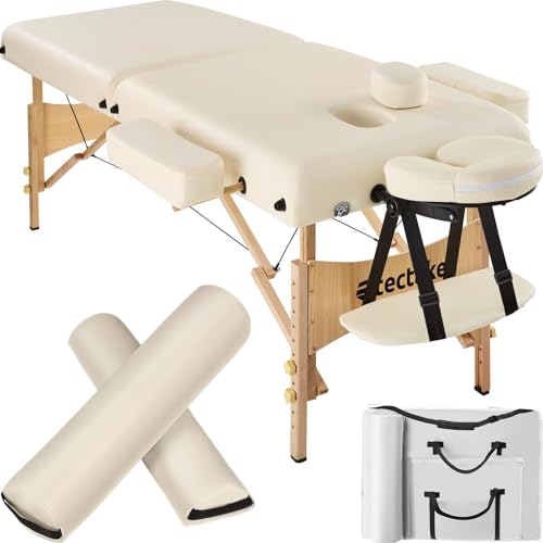 tectake Massageliege 2 Zonen, Massageliege klappbar, Massagetisch mit 7,5cm Polsterung, Mobile Massageliege, Kopf- und Armstütze, Massagebank mit Holzfüßen, 2 Lagerrungsrollen, Tragetasche - beige