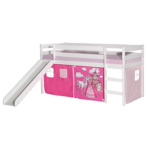IDIMEX Hochbett mit Rutsche Benny Kinderbett Spielbett Holzbett mit Vorhang mit Motiv Prinzessin rosa, Kiefer massiv weiß lackiert, 90 x 200 cm