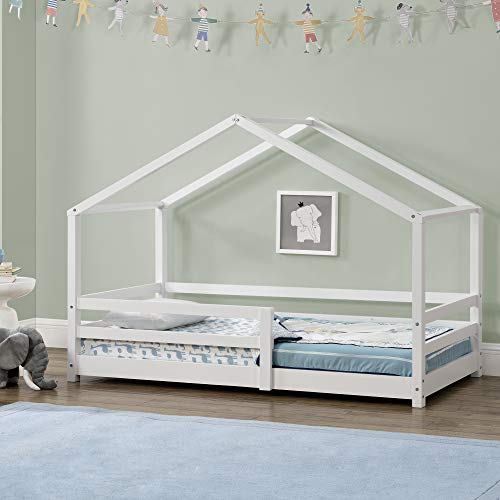 [en.casa] Kinderbett Knätten Hausbett Bodenbett 90 x 200 cm Holzbett für Kinder mit Rausfallschutz Kiefernholz Bettgestell mit Lattenrost Weiß