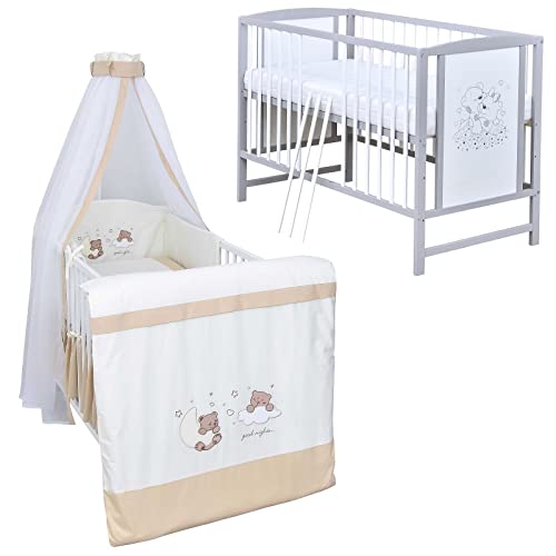 Baby Delux Babybett Komplett Set Kinderbett Mia 120x60 weiß grau Matratze Bettwäsche Set mehrteilig (Traumland beige)