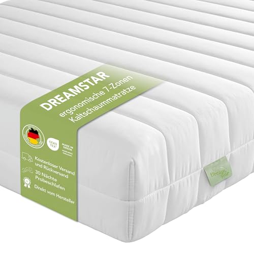 DREAMSTAR Easy Flex | ergonomische 7-Zonen Kaltschaummatratze | Öko-Tex Zertifiziert | Härtegrad 2 und 3 (H2 & H3) | Rollmatratze 16 cm | Made in EU I 90 x 200 cm
