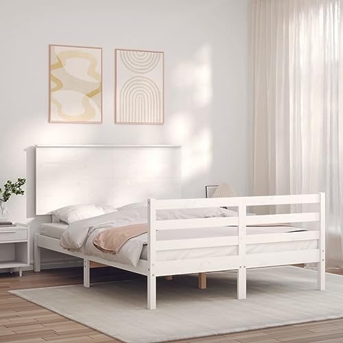 Homgoday Massivholzbett Bettrahmen Bettgestelle mit Kopfteil Holzbett Einzelbett/Doppelbett Jugendbett Gästebett für Gästezimmer Schlafzimmer mit Kopfteil Weiß 140x190 cm