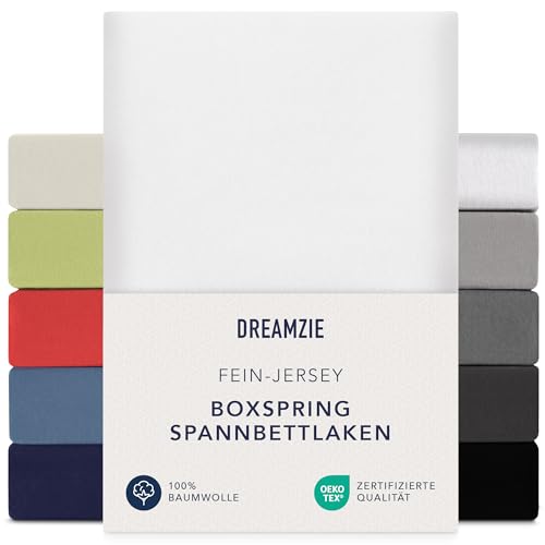 Dreamzie Premium Spannbettlaken 180x200 cm - 200x200 cm - 37cm Steg - auch für Boxspringbett & Wasserbett - Bettlaken Boxspringbett 100% Jersey Baumwolle, 150 g/m² - Oeko-TEX - Weiß