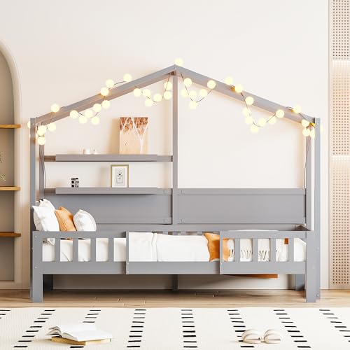 Kinderbett 90x200 cm, Baumhaus Bett mit Regale, Kinder Hausbett mit Rausfallschutz und Lattenrost, Stabiles Holzbett Spielbett für Mädchen und Jungen, Tagesbett aus Massivholz, Grau, ohne Matratze