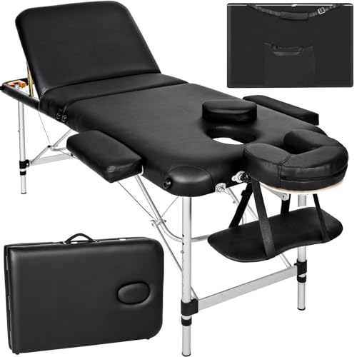 tectake® Massageliege 3 Zonen, Massagetisch, Massageliege klappbar, höhenverstellbare Aluminium Massageliege, Massagebett tragbar inkl. Zubehör, Alu-Kopfstütze, Armlehne und Tragetasche - schwarz