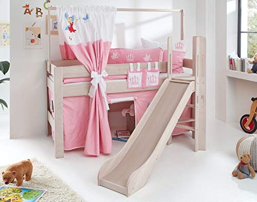 Froschkönig24 Hochbett Leo Kinderbett mit Rutsche Spielbett Bett Weiß Stoffset Prinzessin