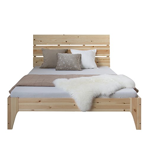 Homestyle4u 1848, Holzbett 140x200 mit Lattenrost Bettgestell Doppelbett Holz Kiefer Natur