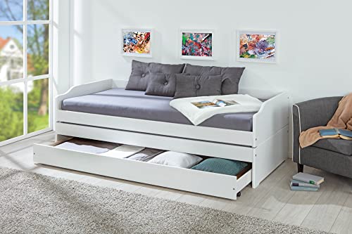 Inter Link - Funktionsbett - Stauraumbett - Bett mit Schubladen - Kiefer massivholz - Für Kinder, Jugendliche - Einzelbett - Gästebett - 2 Lattenroste - 3 Liegeflächen - Weiß - Lotar - 90x200 cm