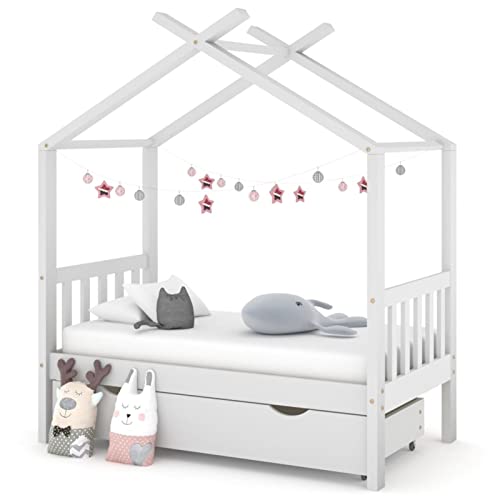 SECOLI hausbett 70x140 Kinderbett mit Schublade stauraumbett 70x140 für Jungen & Mädchen Kinder Haus Bett aus Kiefer Holz Jugendbett Massivholz-Weiß-2-70 x 140 cm