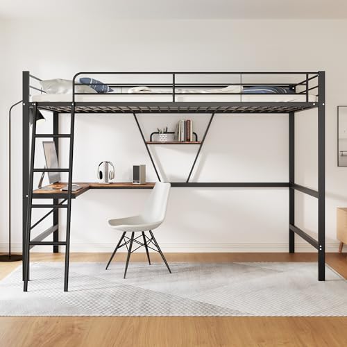 Moimhear Bettgestell Metallbett 90x200cm, Eisenbett, Hochbett mit L-förmigem Schreibtisch und einem Regal für Kinder, Jugendliche und Erwachsene (Schwarz)