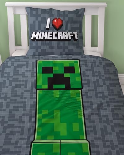 Bettwäsche 135x200 Flanell, Biber, Minecraft, kuschelig weich für Winter, 1x Kissenbezug 80x80 + Bettbezug 135x200, 100% Baumwolle, Kinderbettwäsche Gaming