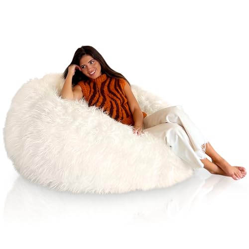 Aiire Riesen Sitzsack Kunstfell 130 cm - Bean Bag Chair XXL flauschig mit Füllung für Deko, Jungen und Kinder - Bodenkissen Grob, Chill Sessel für Kuschelecke – Relaxo Sitzsäcke Erwachsene Weiß